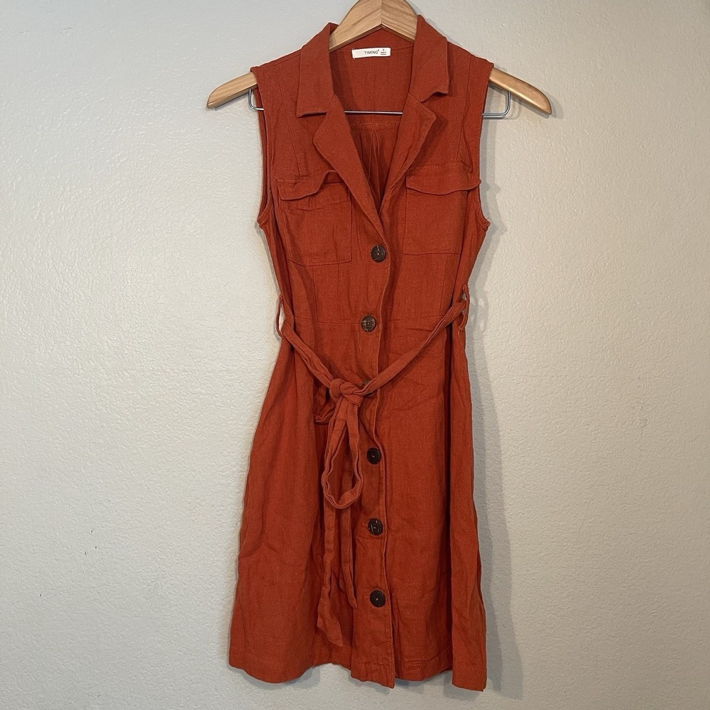 Timing Womens Small Orange Linen Blend Belted Sleeveless Dress Pockets Button Up